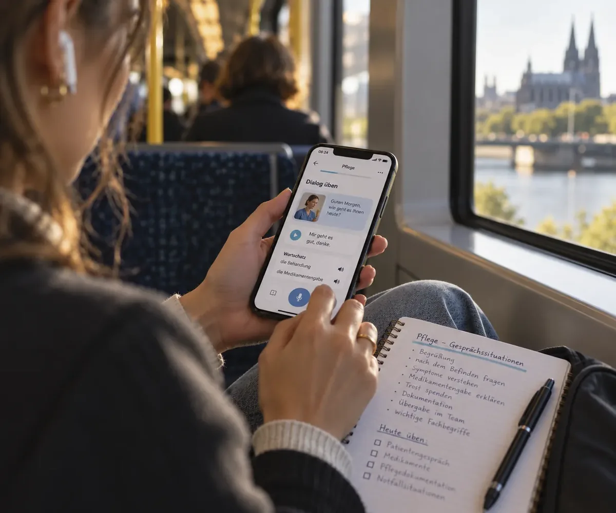 Eine Frau nutzt ihr Smartphone in der Bahn.