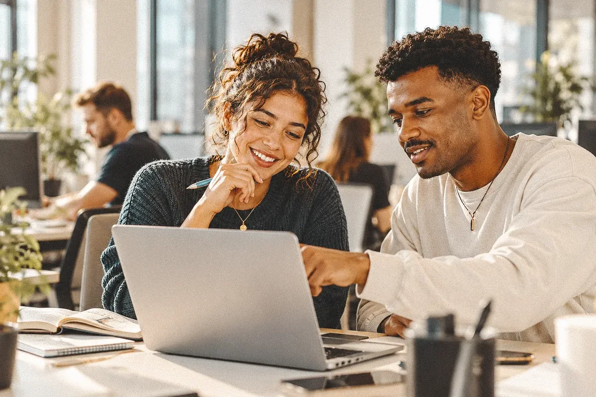 Two people studying together on a laptop.
