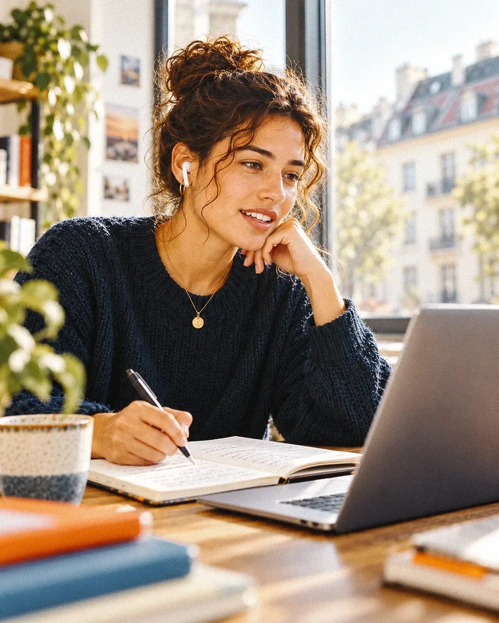 A woman studying on her laptop and taking notes.