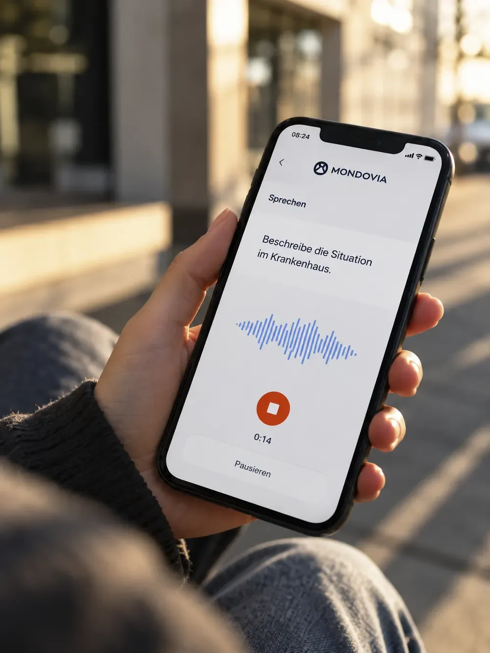 Illustration of a speaking exercise on a smartphone; not an available Mondovia app.